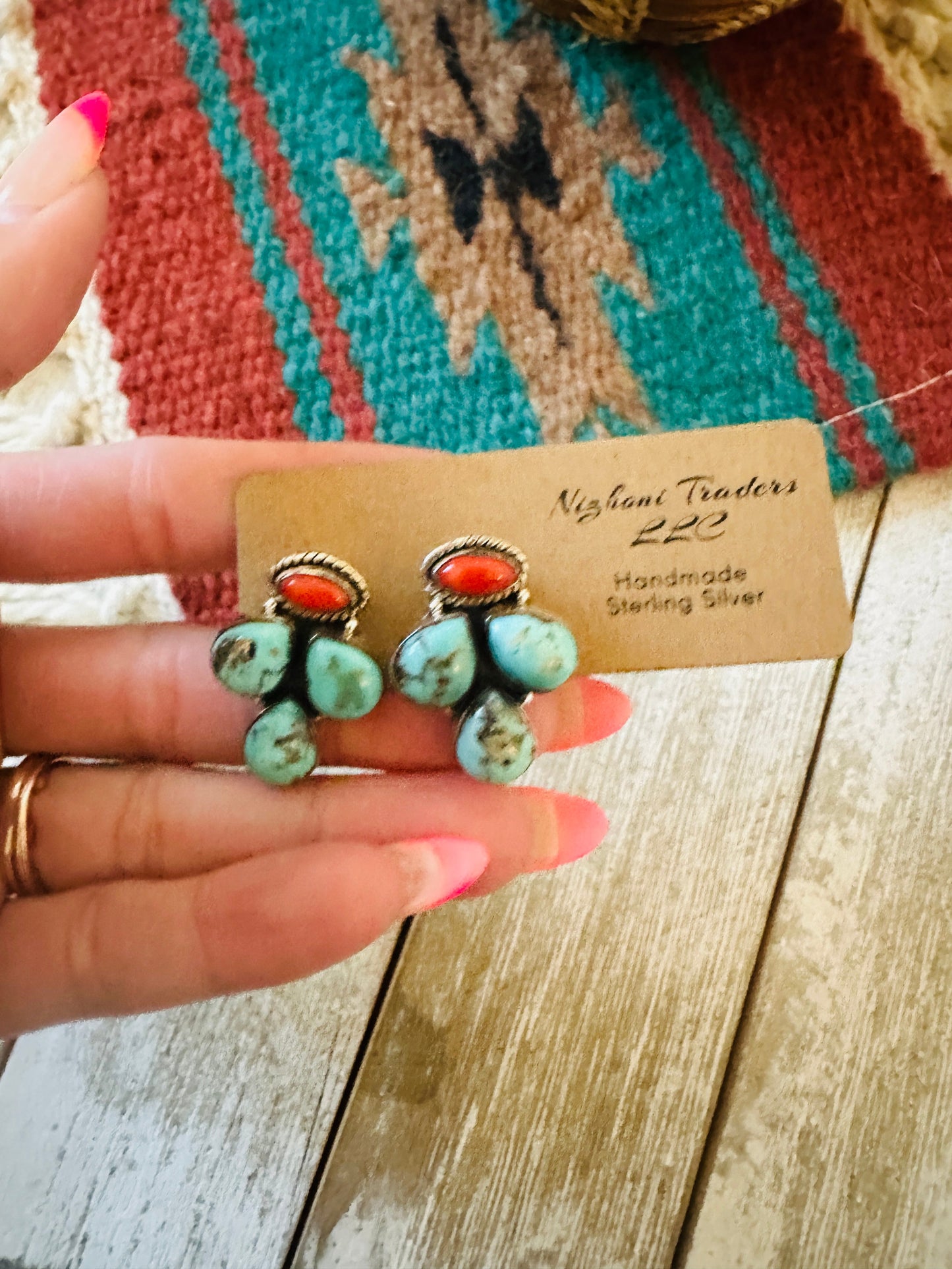 ** Christmas Collection ** Handmade Sterling Silver, Coral & Turquoise Cluster Earrings Signed Nizhoni