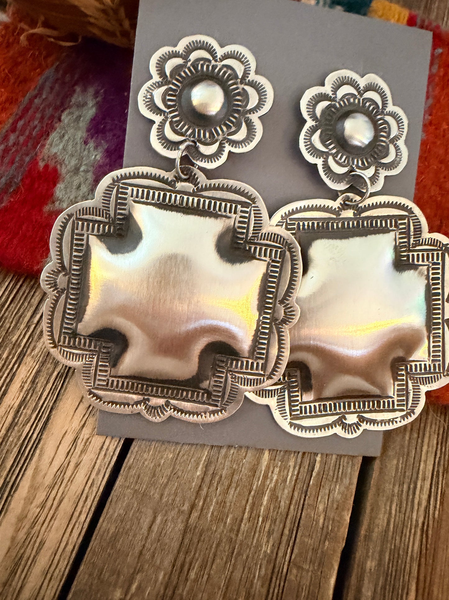 Handcrafted Sterling Silver Concho Cross Dangle Earrings by Leander Tahe