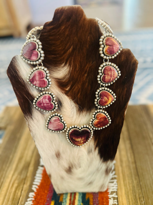 Handcrafted Purple Spiny, Mother of Pearl & Sterling Silver Heart Necklace by Federico Jimenez