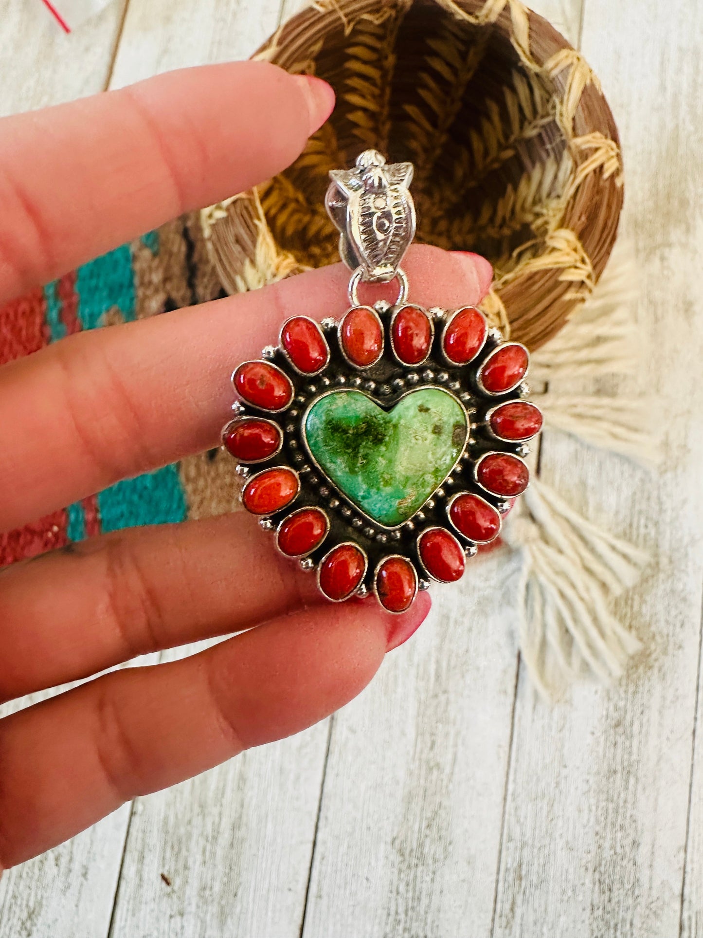 ** Christmas Collection ** Handmade Sterling Silver, Coral & Turquoise Heart Pendant Signed Nizhoni