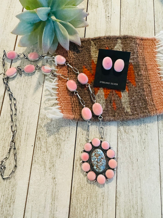 Handcrafted Turquoise, Queen Pink Conch & Sterling Silver Necklace Earrings Set