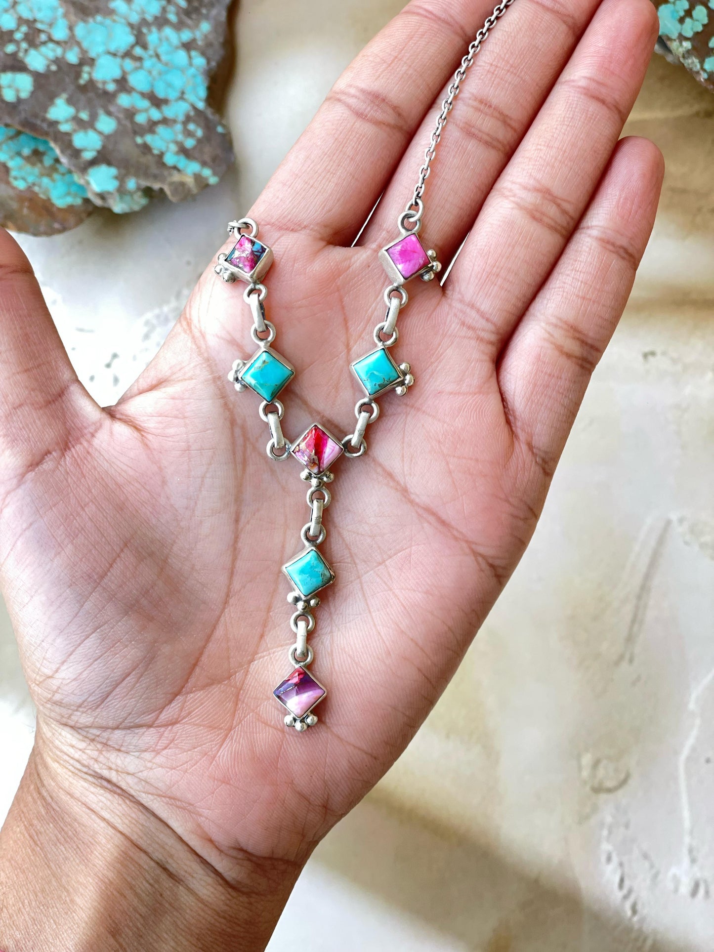 Handmade Sterling Silver, Turquoise & Pink Dream Mojave Drop Necklace is