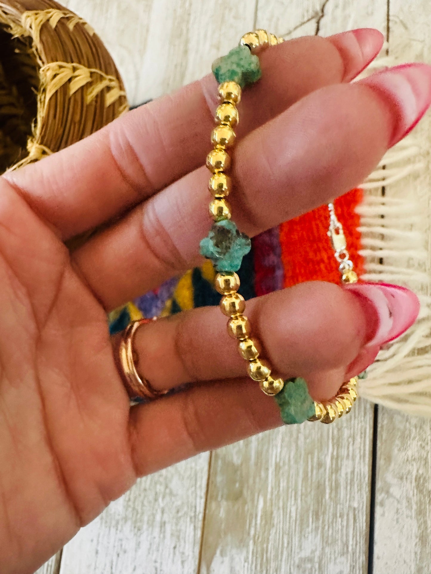 Handcrafted Cle'vara Gold Plated Sterling Silver Pearl & Turquoise 3mm Beaded Bracelet