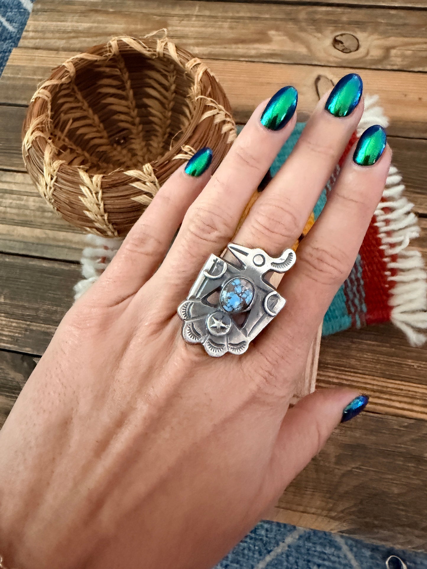 Handcrafted Golden Hills Turquoise and Sterling Silver Thunderbird Ring size 8.75 by Chimney Butte