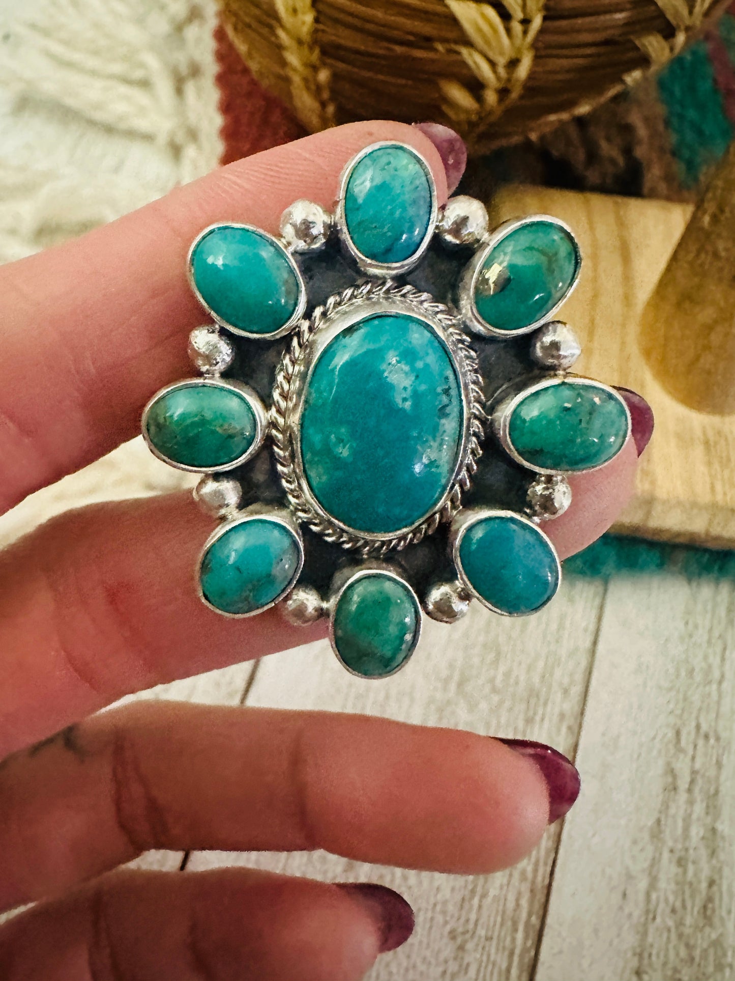 Handcrafted Sterling Silver & Turquoise Cluster Adjustable Ring