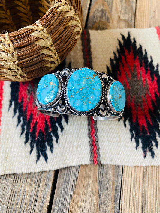 Handcrafted Kingman Web Turquoise & Sterling Silver Cuff Bracelet By Derrick Gordon /
