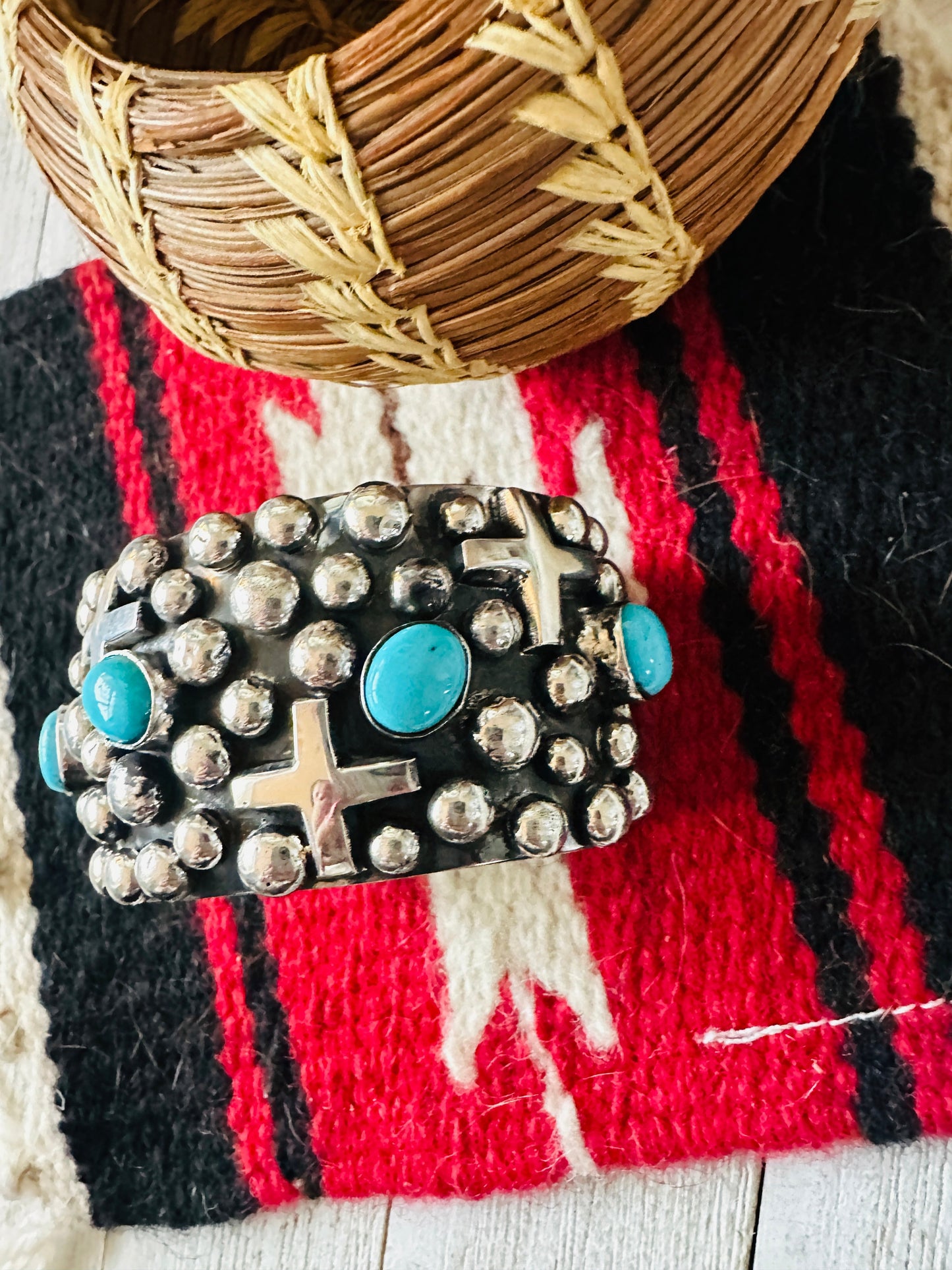 Handcrafted Turquoise & Sterling Silver Cross Cuff Bracelet By Chimney Butte /