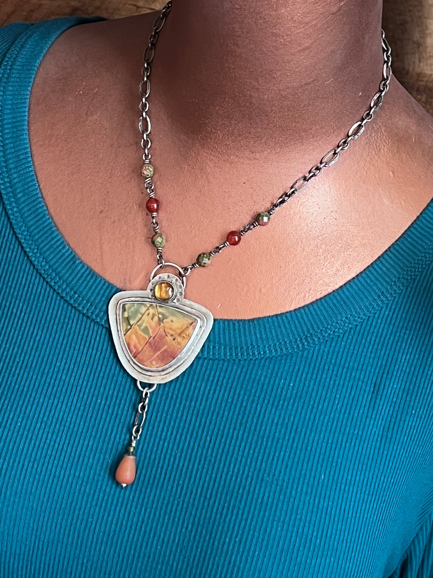 Tularosa Rosary Style Sterling Silver, Red Creek Jasper and Citrine Sunset Necklace