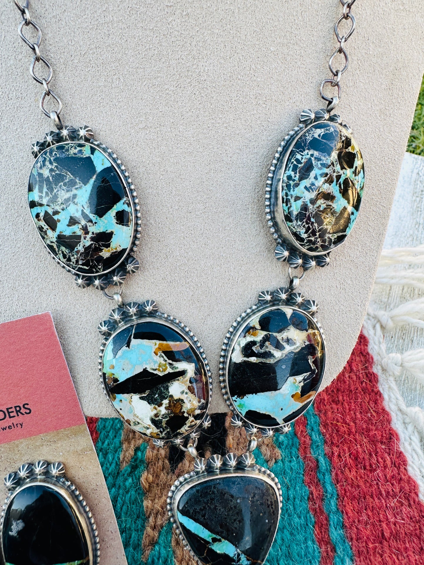 Handcrafted Blackjack Turquoise & Sterling Silver Necklace Set by Dave Skeets