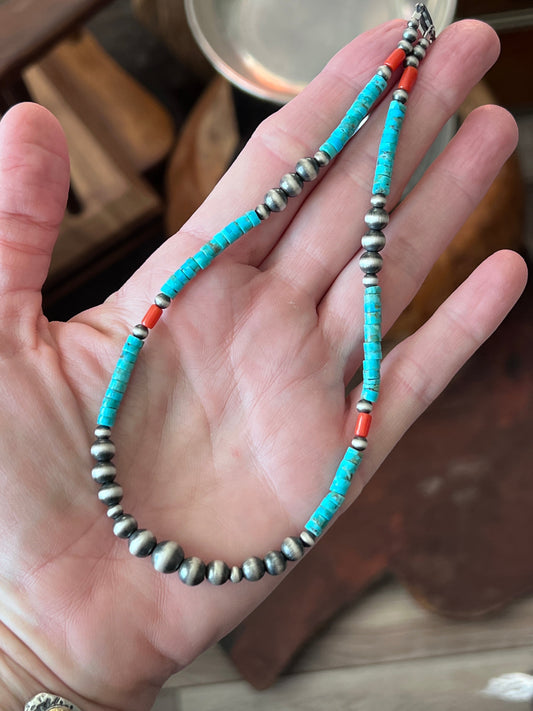 Bohemian Bliss Beaded Choker with Sterling Silver, Mediterranean Coral and Turquoise, 14” + 2”