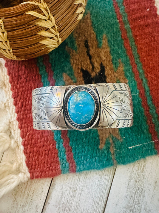 Handcrafted Hand Stamped Sterling Silver & Turquoise Cuff Bracelet