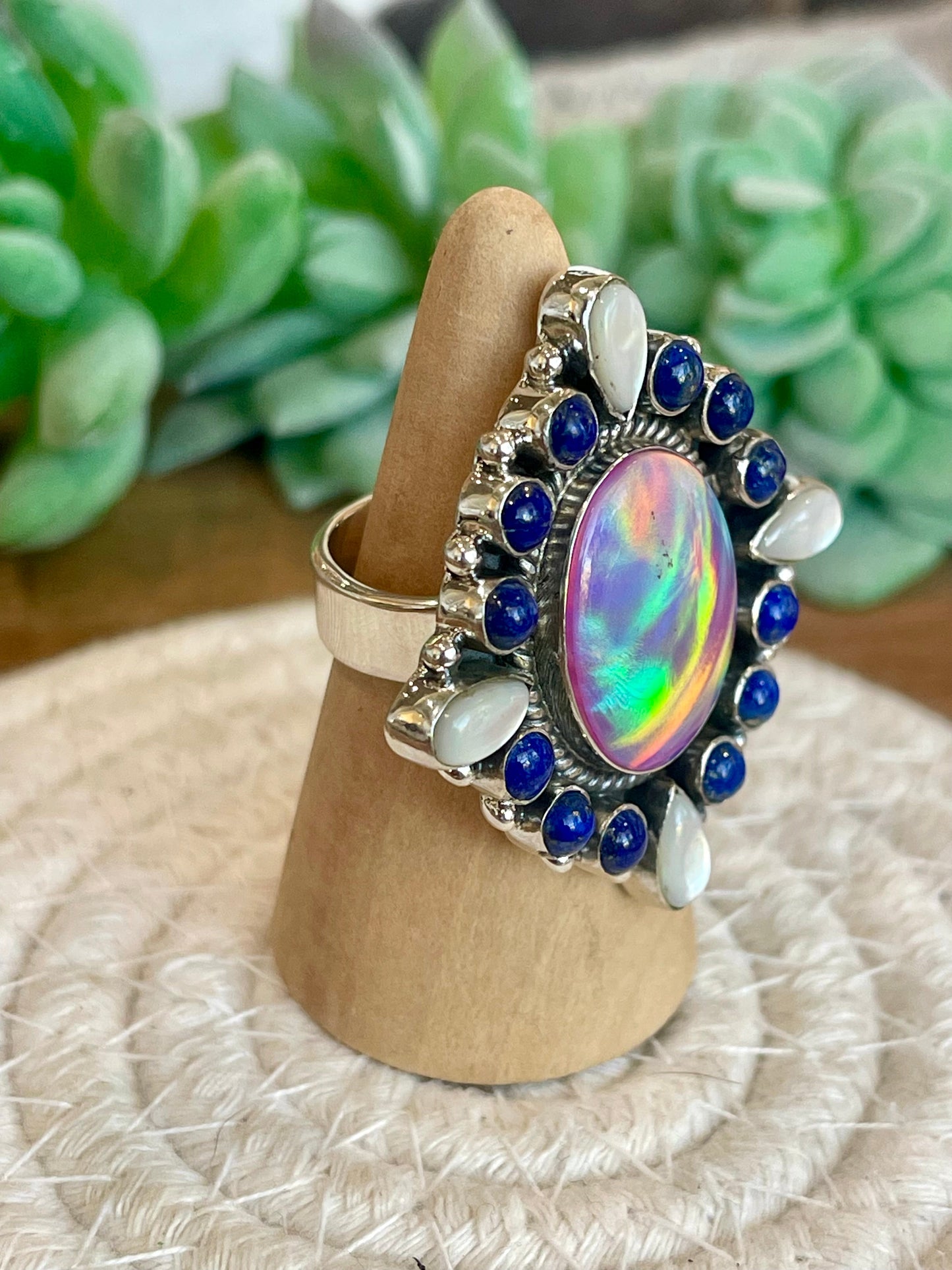 Handmade Pink Opal, Mother Of Pearl, Lapis And Sterling Silver Adjustable Ring Signed Nizhoni
