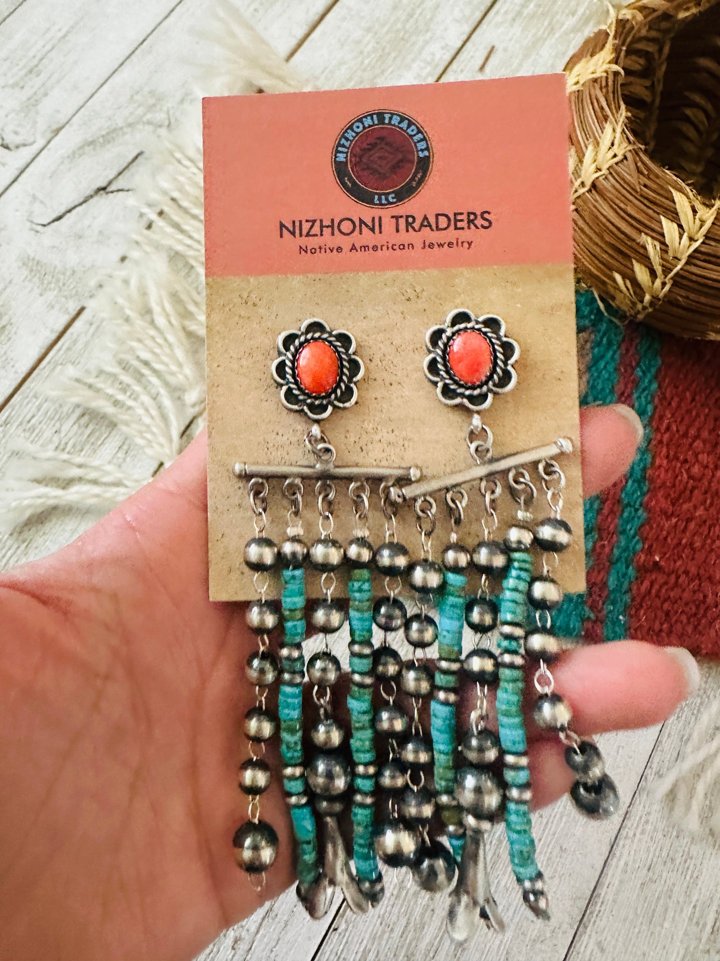 Handcrafted Turquoise, Coral  & Sterling Silver Pearl Beaded Tassel Dangle Earrings