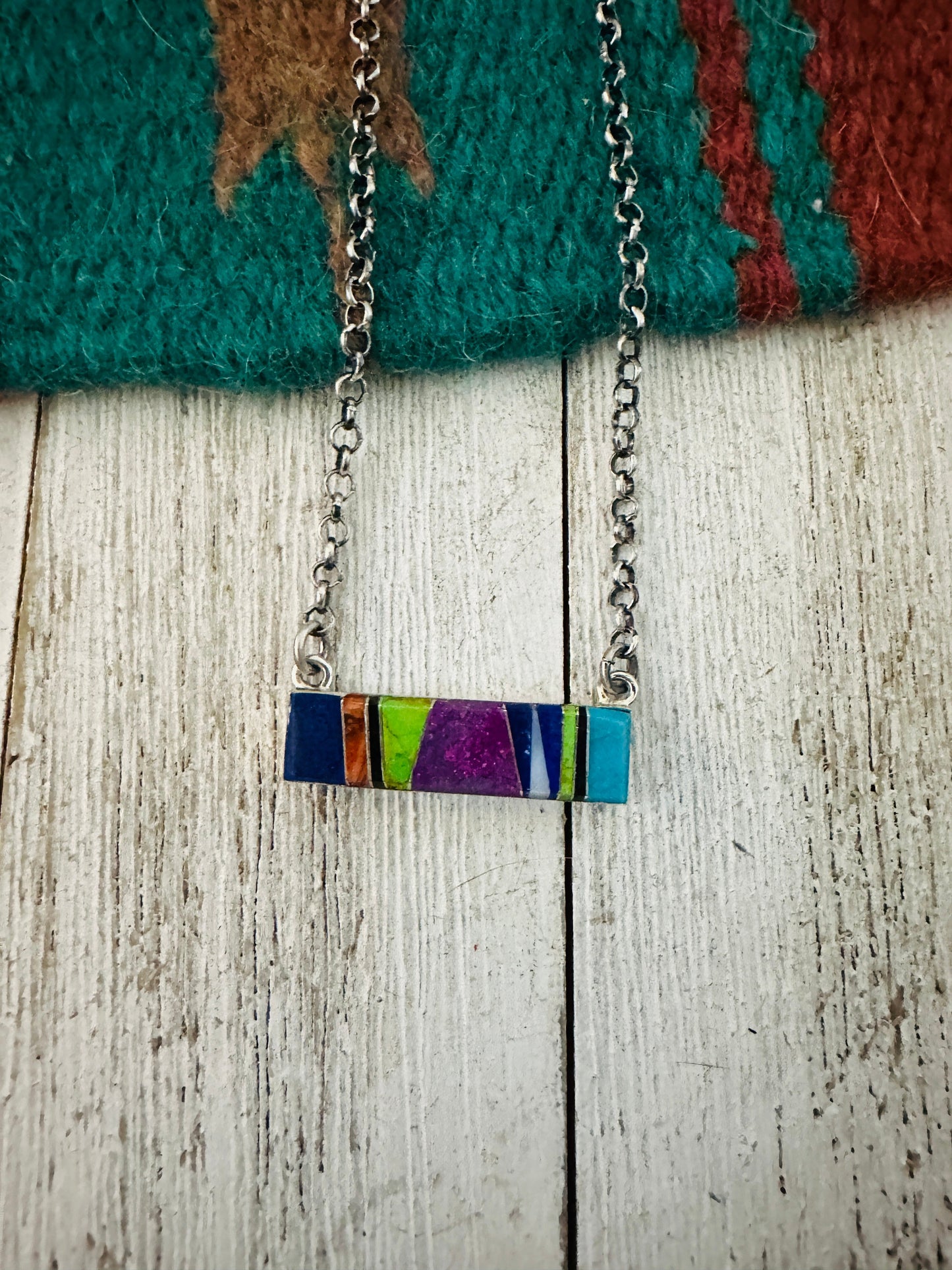 Handcrafted Multi Stone & Sterling Silver Inlay Bar Necklace