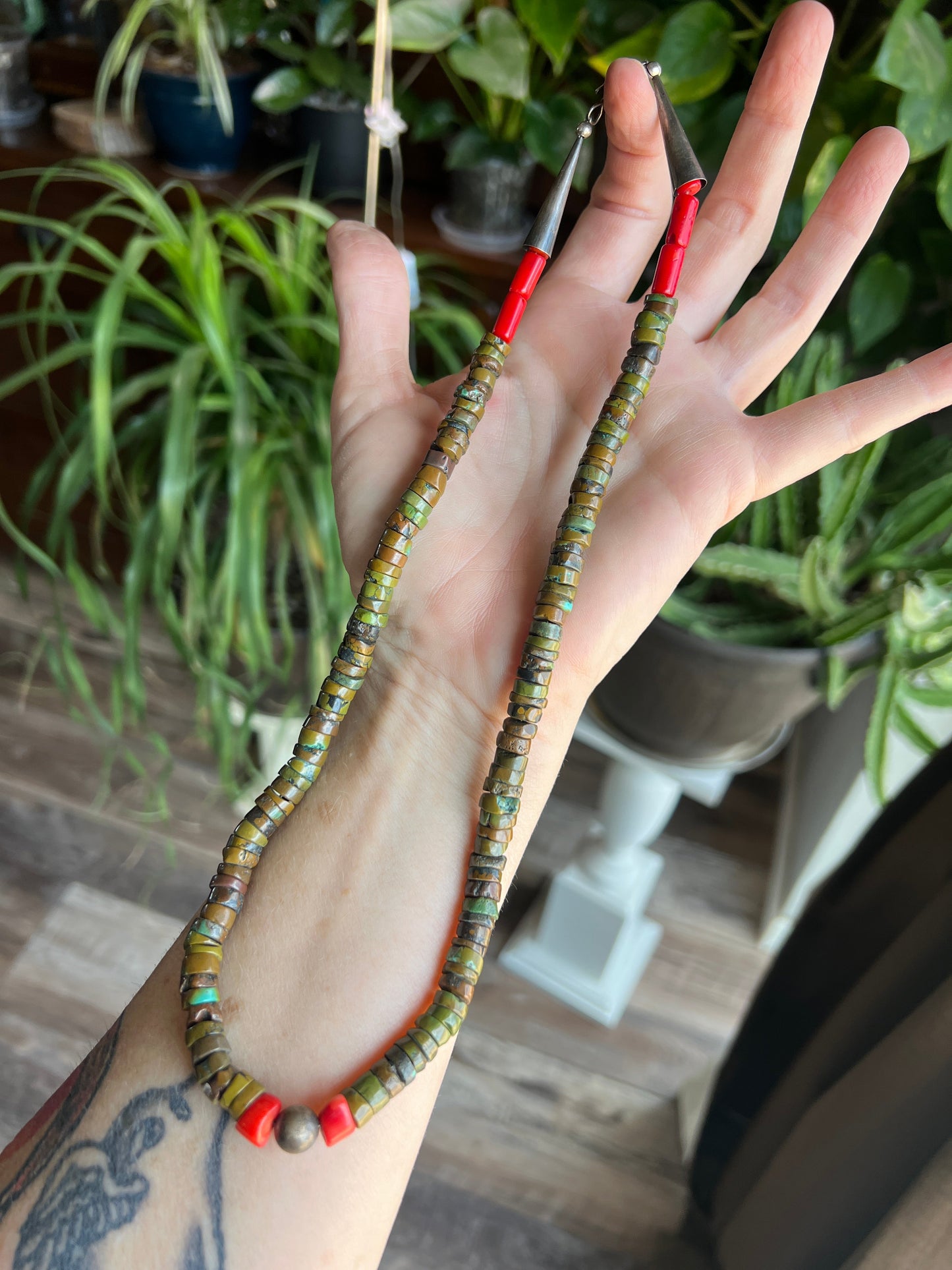 Handcrafted Hubei Turquoise Beaded Necklace with Sterling Silver and Bamboo Coral by Kirby Smith: 13 To Choose From!
