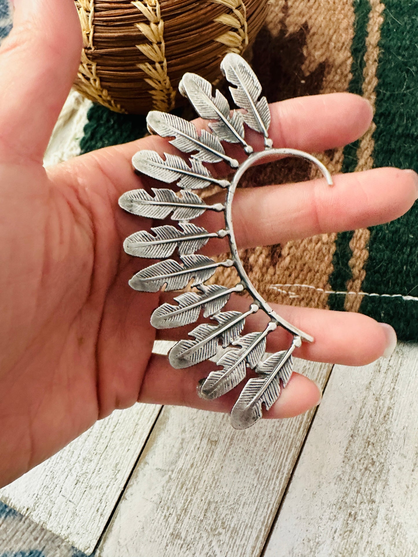 Handcrafted Orange Spiny & Sterling Silver Feather Cuff Earring (Left Side)