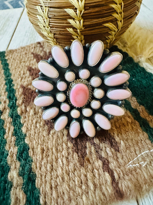 Handcrafted Queen Pink Conch Shell & Sterling Silver Cluster Cuff Bracelet