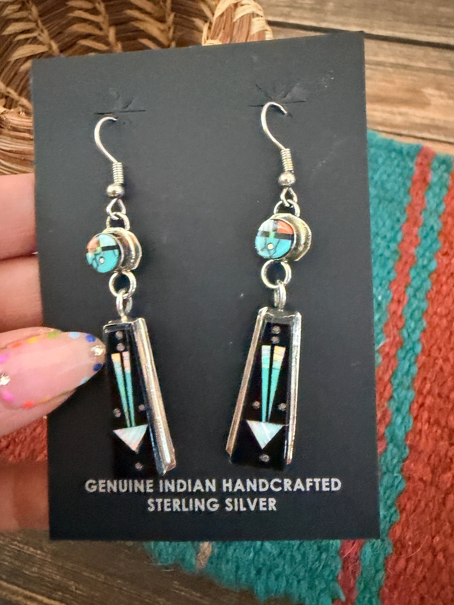 Handcrafted Multi Stone & Sterling Silver Inlay Sun Face Dangle Earrings
