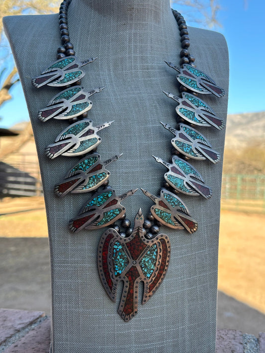 Estate Collection Old Pawn Handcrafted Turquoise & Coral Sterling Silver Chip Inlay Thunderbird Squash Blossom Necklace