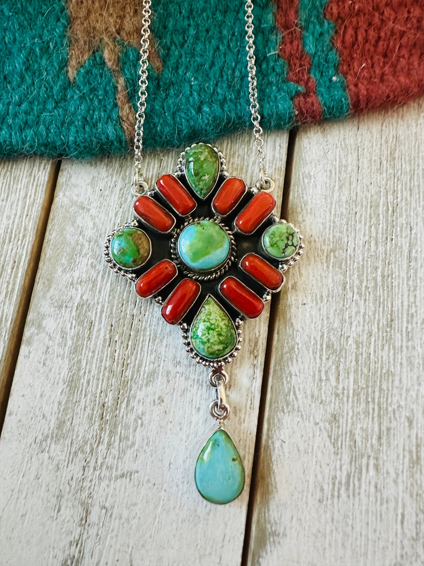 ** Christmas Collection ** Handmade Sterling Silver, Turquoise & Coral Necklace Signed Nizhoni