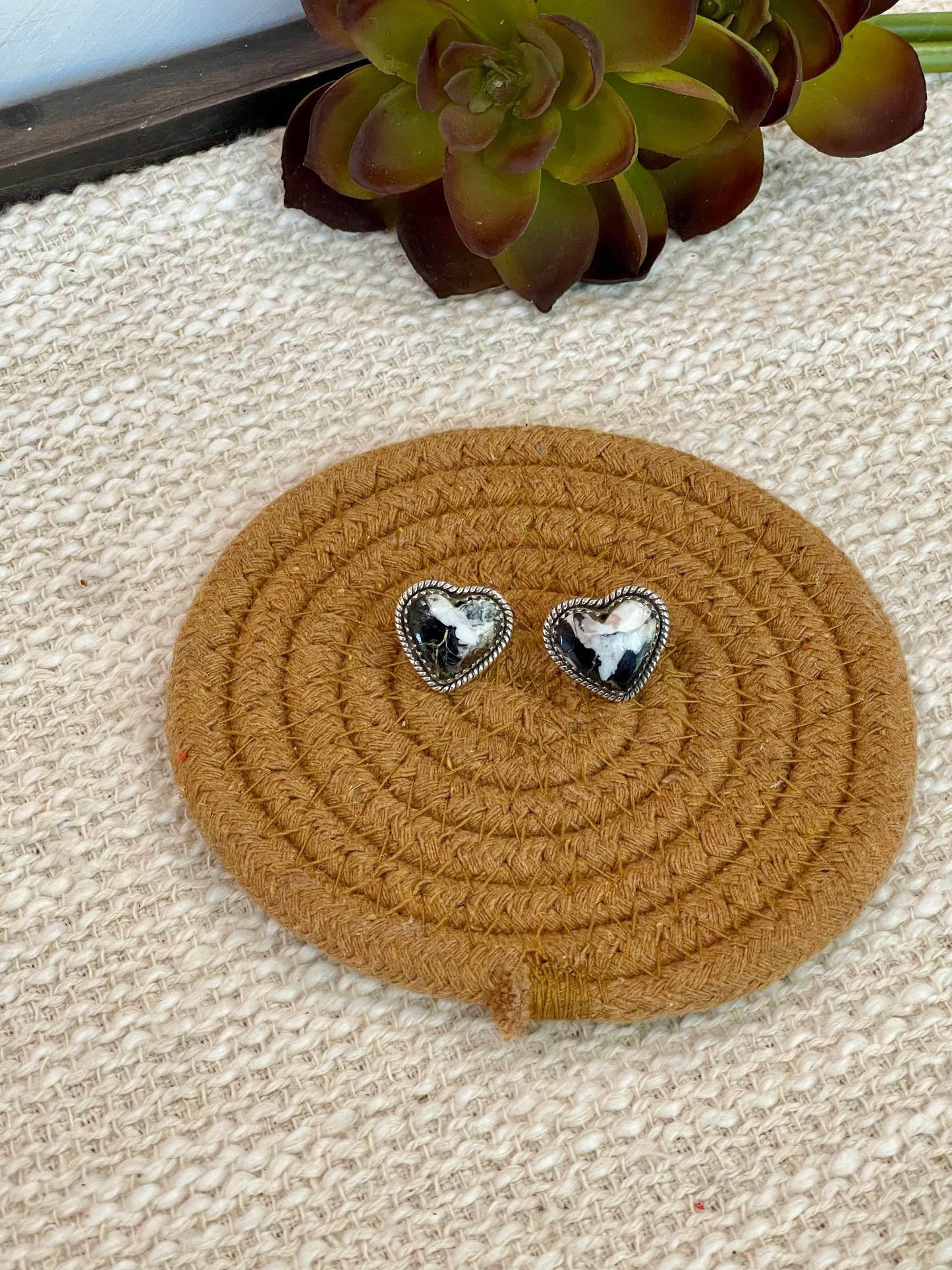 Handmade Sterling Silver White Buffalo Turquoise Heart Post Earrings with Signed Nizhoni