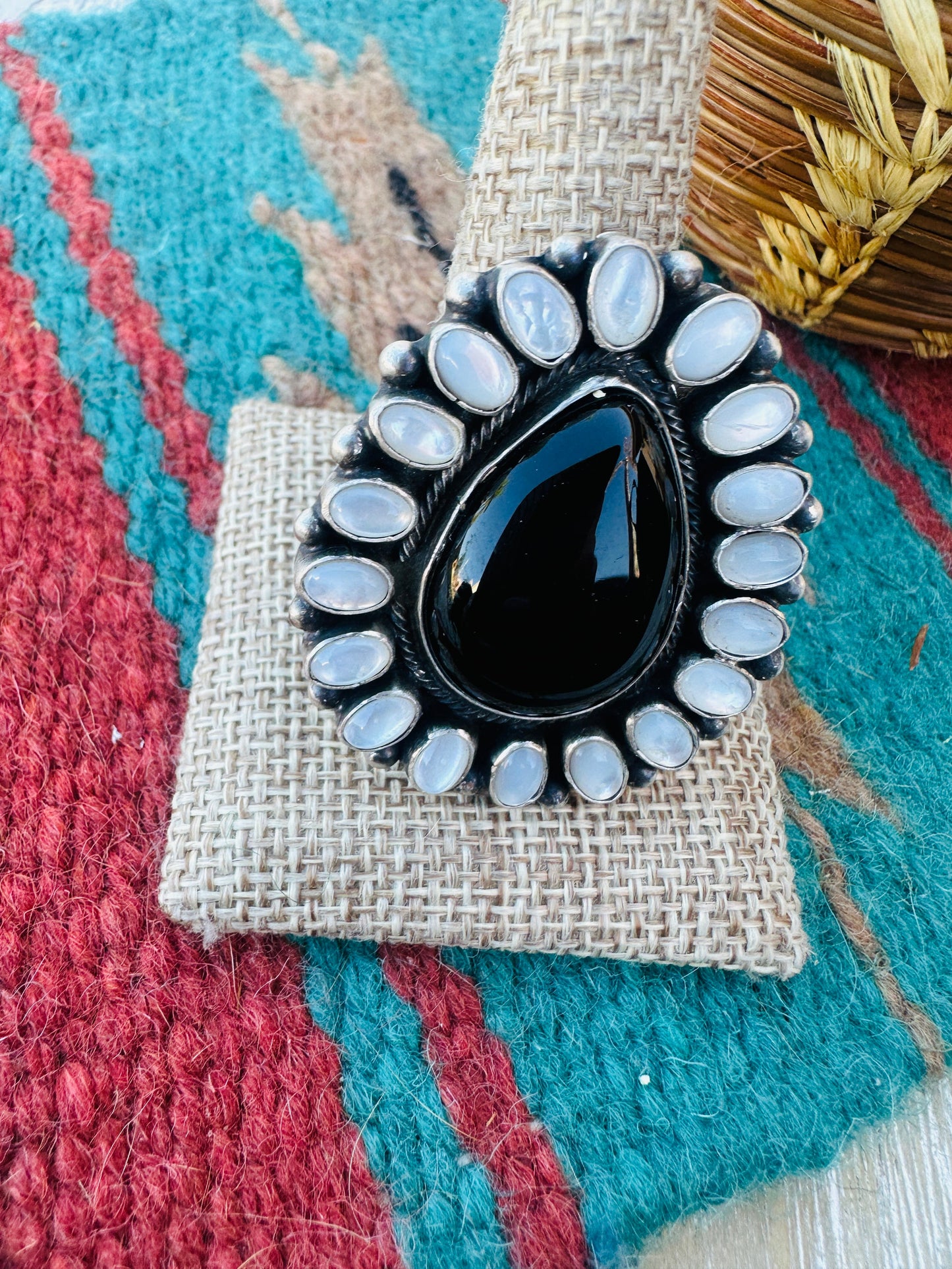 Hand Crafted Mother of Pearl, Onyx & Sterling Silver Cluster Adjustable Ring