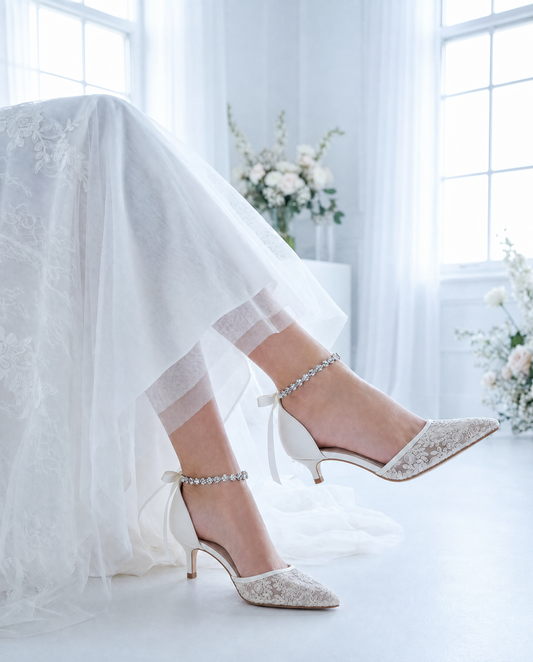 Crochet Lace Pointy Toe Wedding Kitten Low Heel with Amaryllis Strap