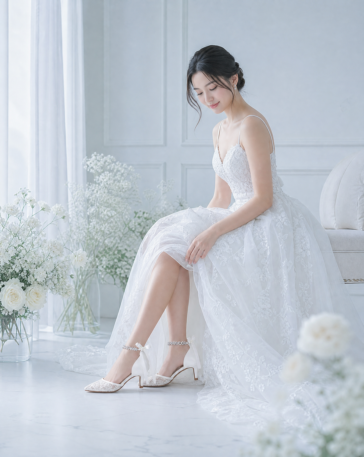 Crochet Lace Pointy Toe Wedding Kitten Low Heel with Amaryllis Strap
