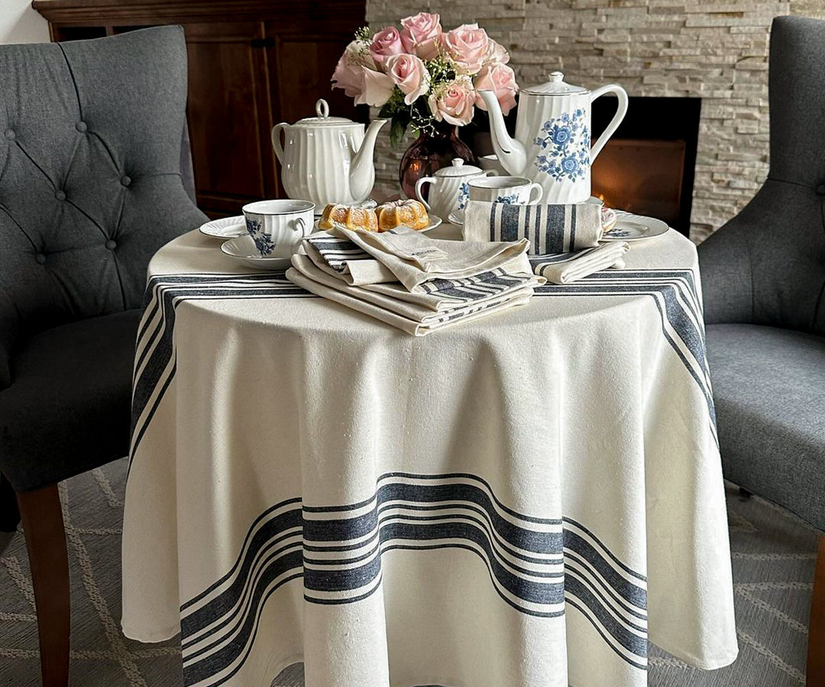 Navy Blue Striped Round Tablecloth