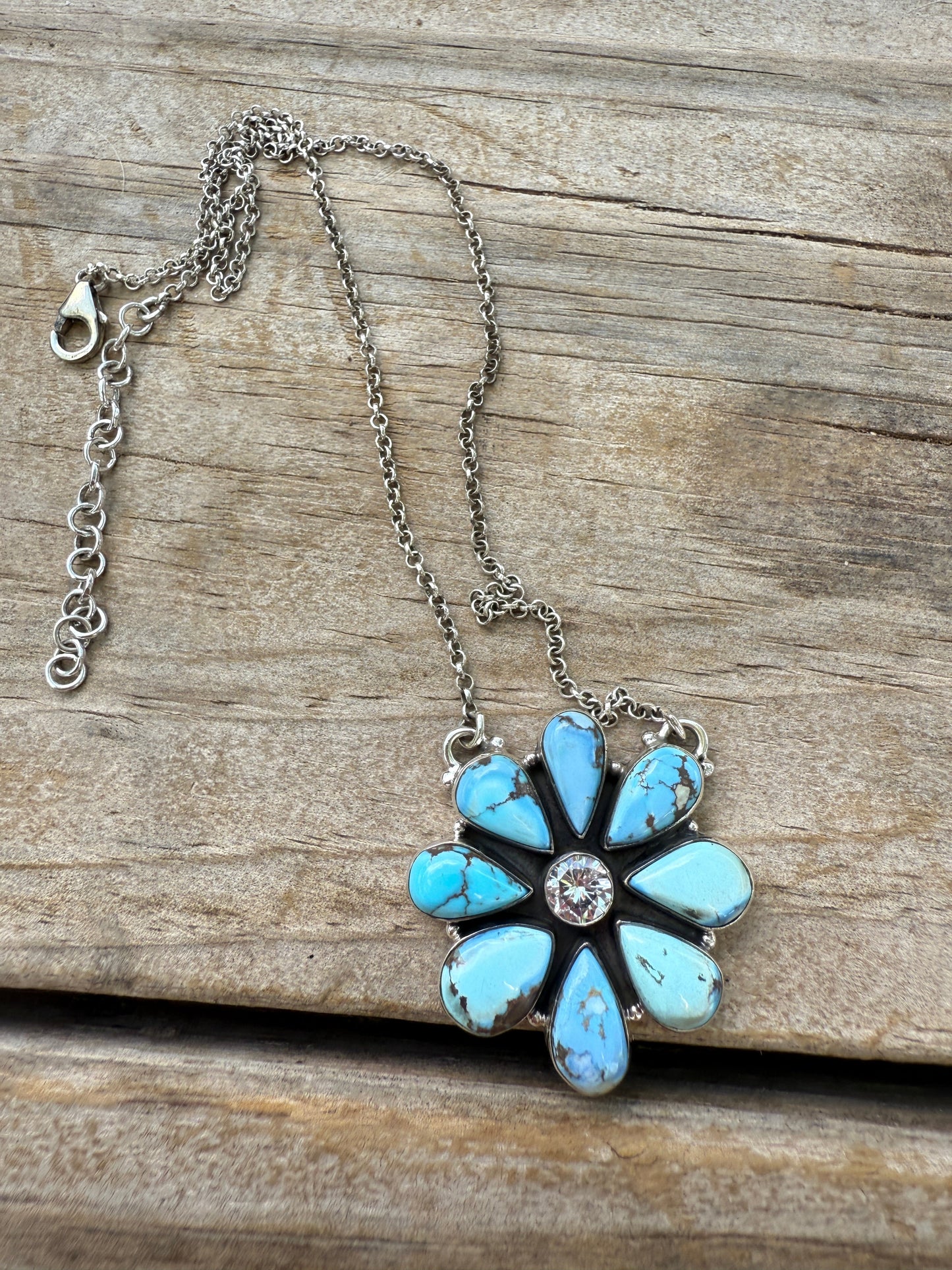 Beautiful Handmade Sterling Silver, CZ & Golden Hills Turquoise Cluster Necklace