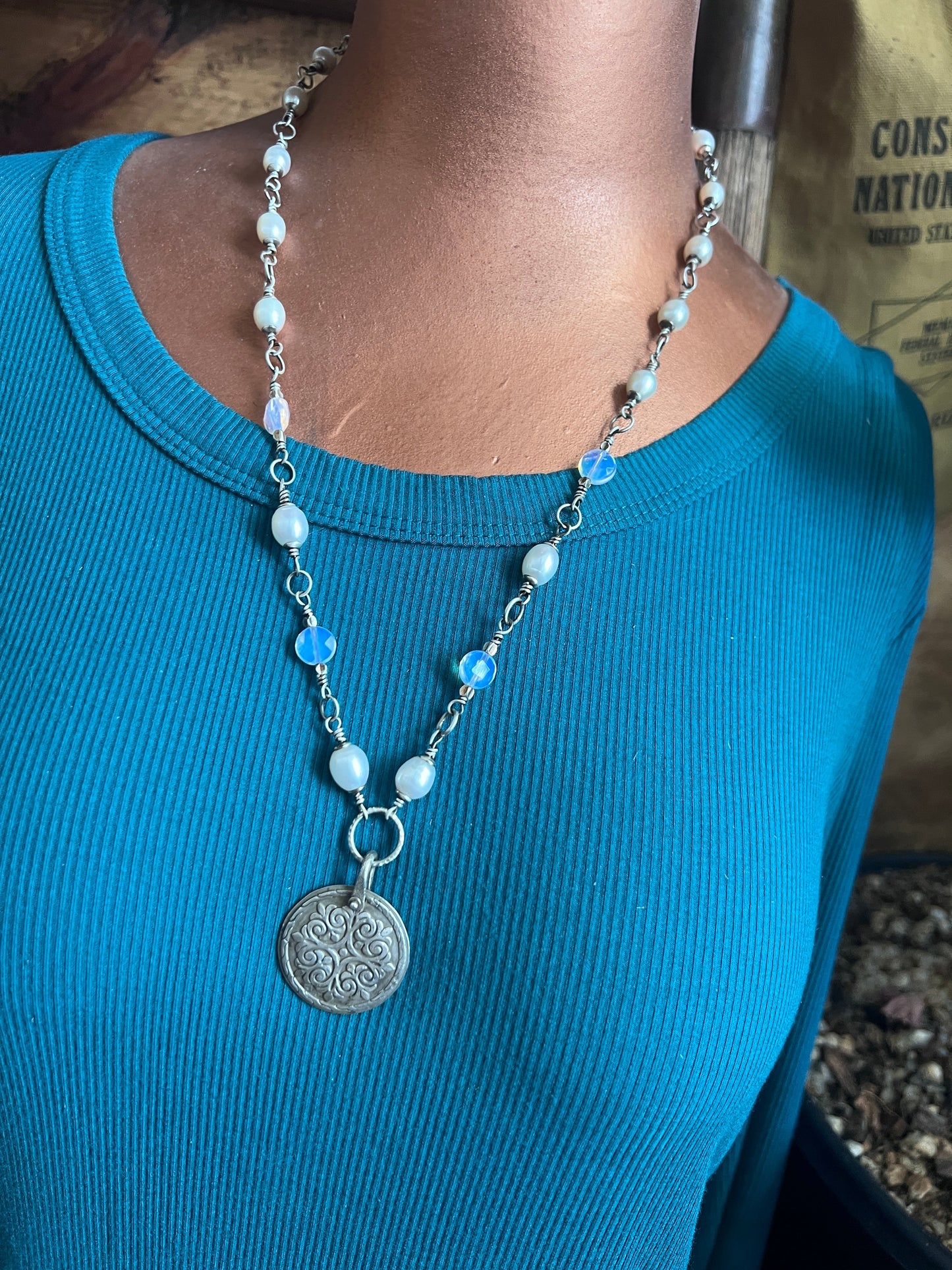 Tularosa Rosary Style Sterling Silver and Freshwater Pearl Siren’s Song Relic Coin Beaded Necklace