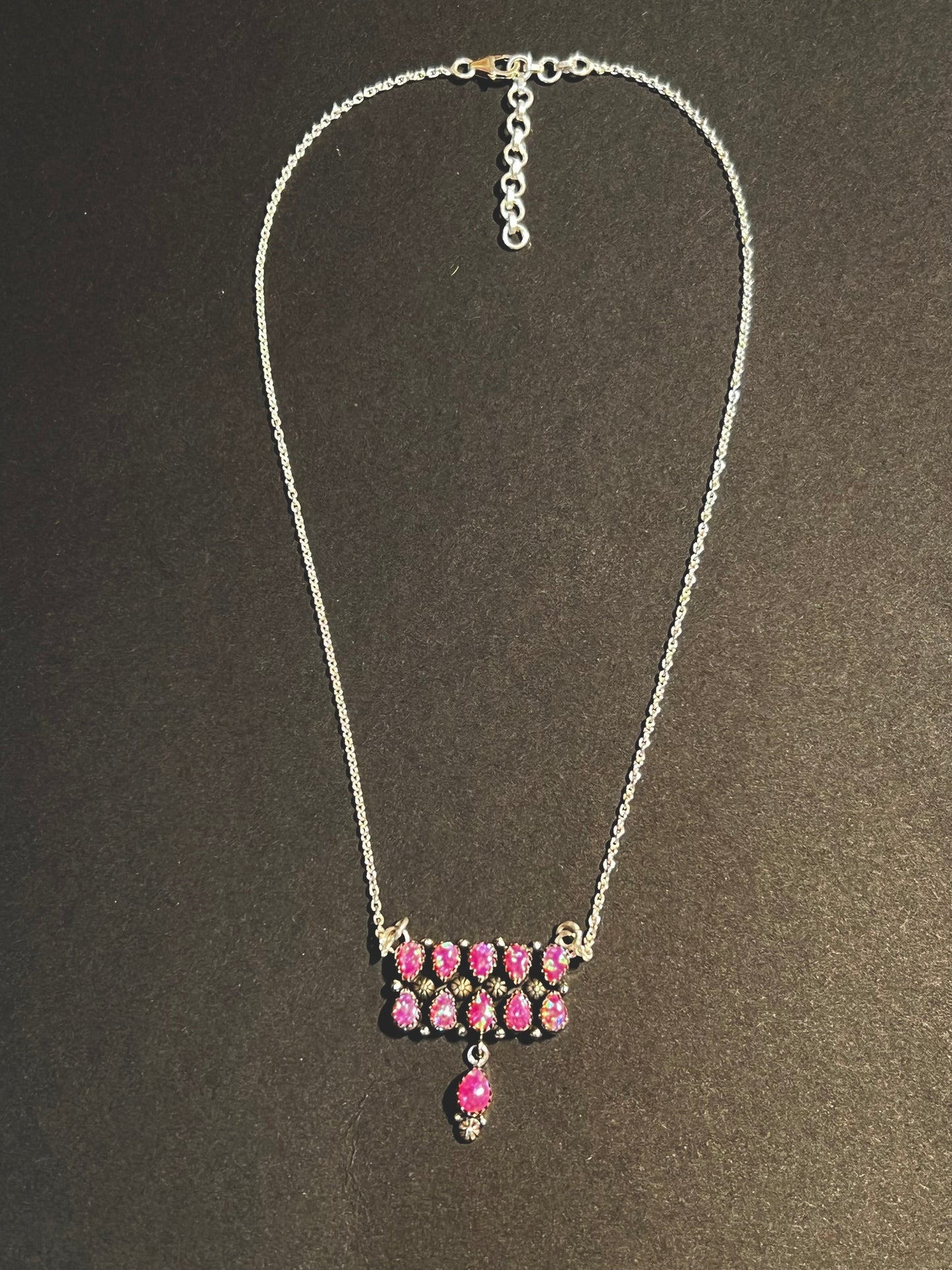 Handmade Sterling Silver & Fire Pink Opal Tear Drop Dangle, Bar Necklace