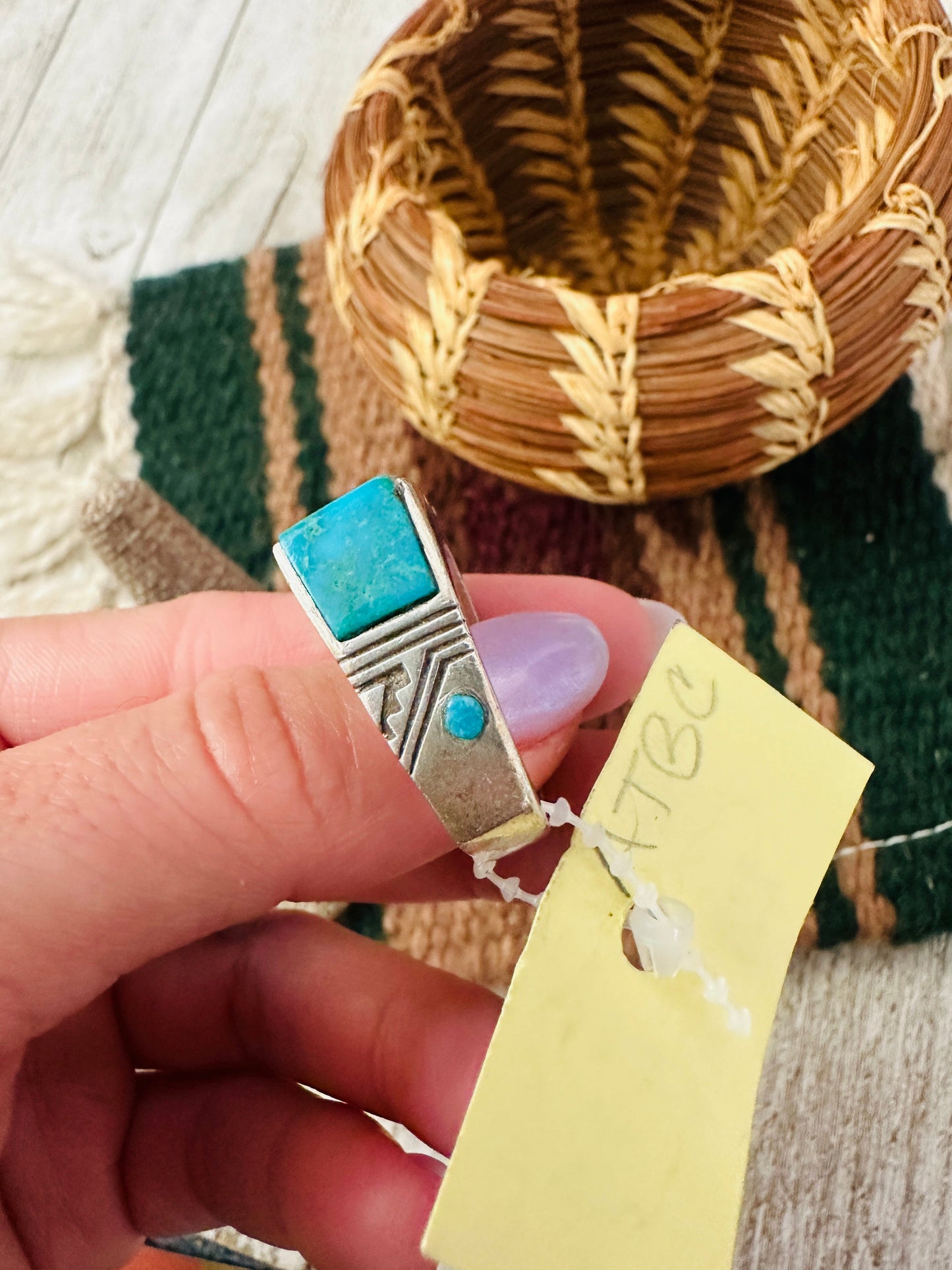 Old Pawn Handcrafted Turquoise & Sterling Silver Inlay Band Ring Size 10
