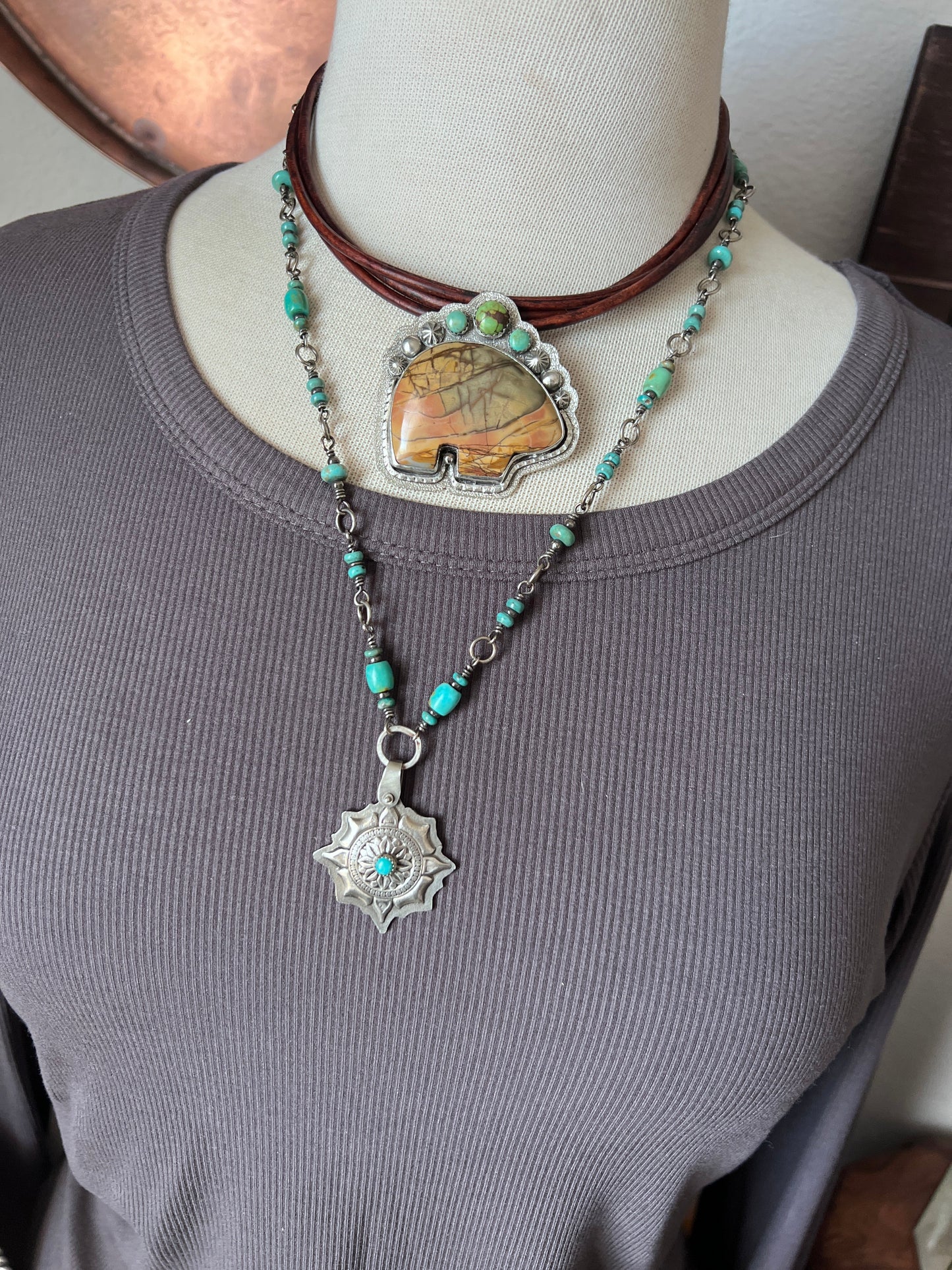 Tularosa Sterling Silver and Leather Red Creek Jasper Bear Necklace with Turquoise