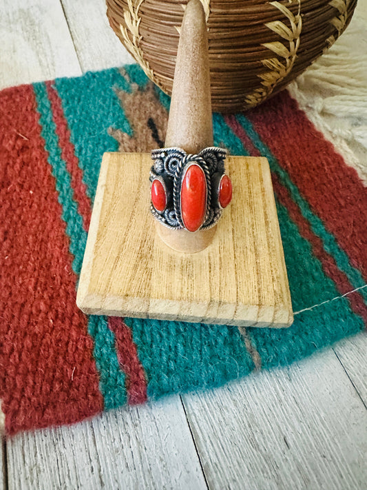 Handcrafted Sterling Silver and Coral Ring Size 10 by Hemerson Brown