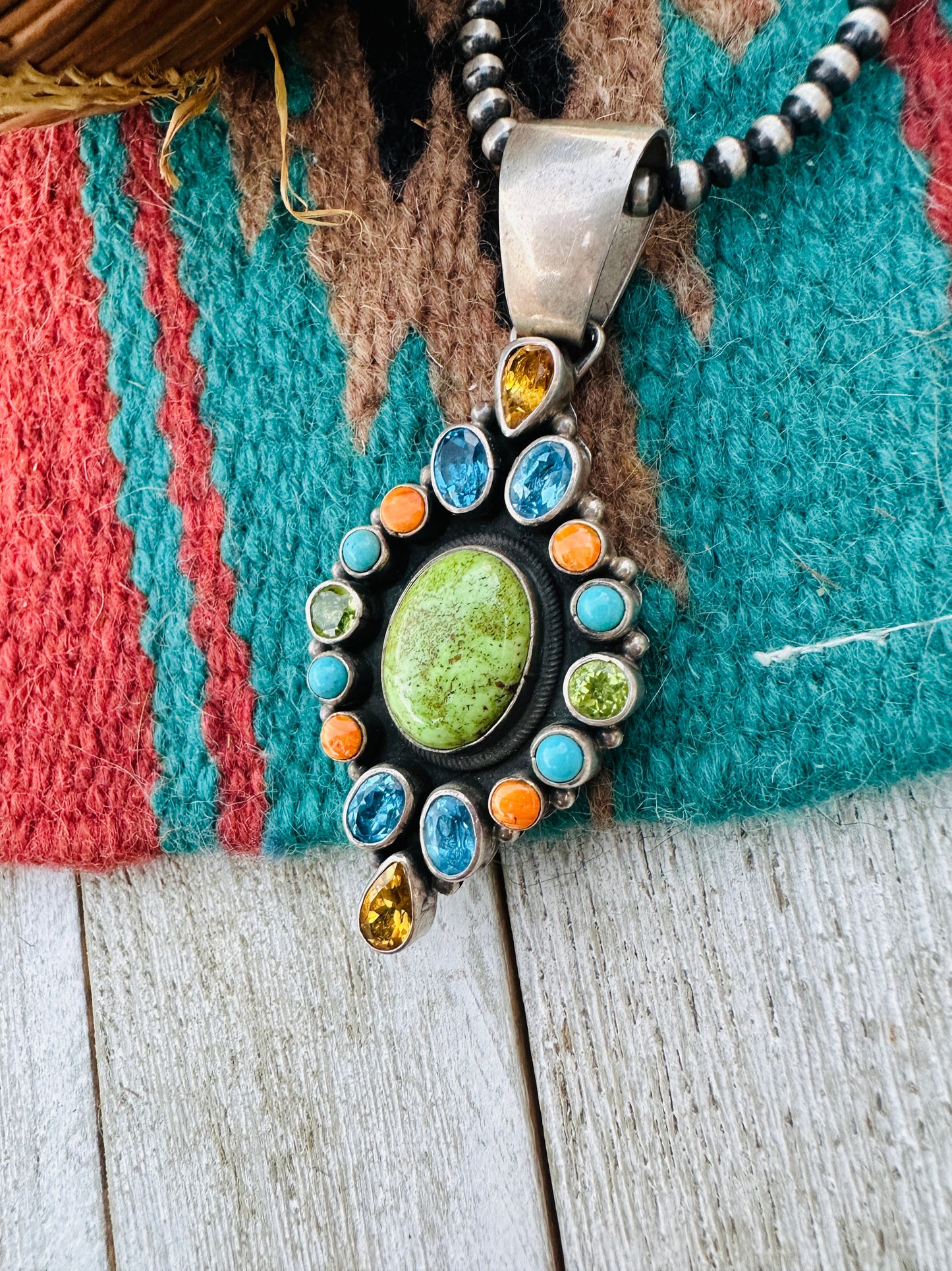Old Pawn Handcrafted Multi Stone and Sterling Silver Inlay Pendant