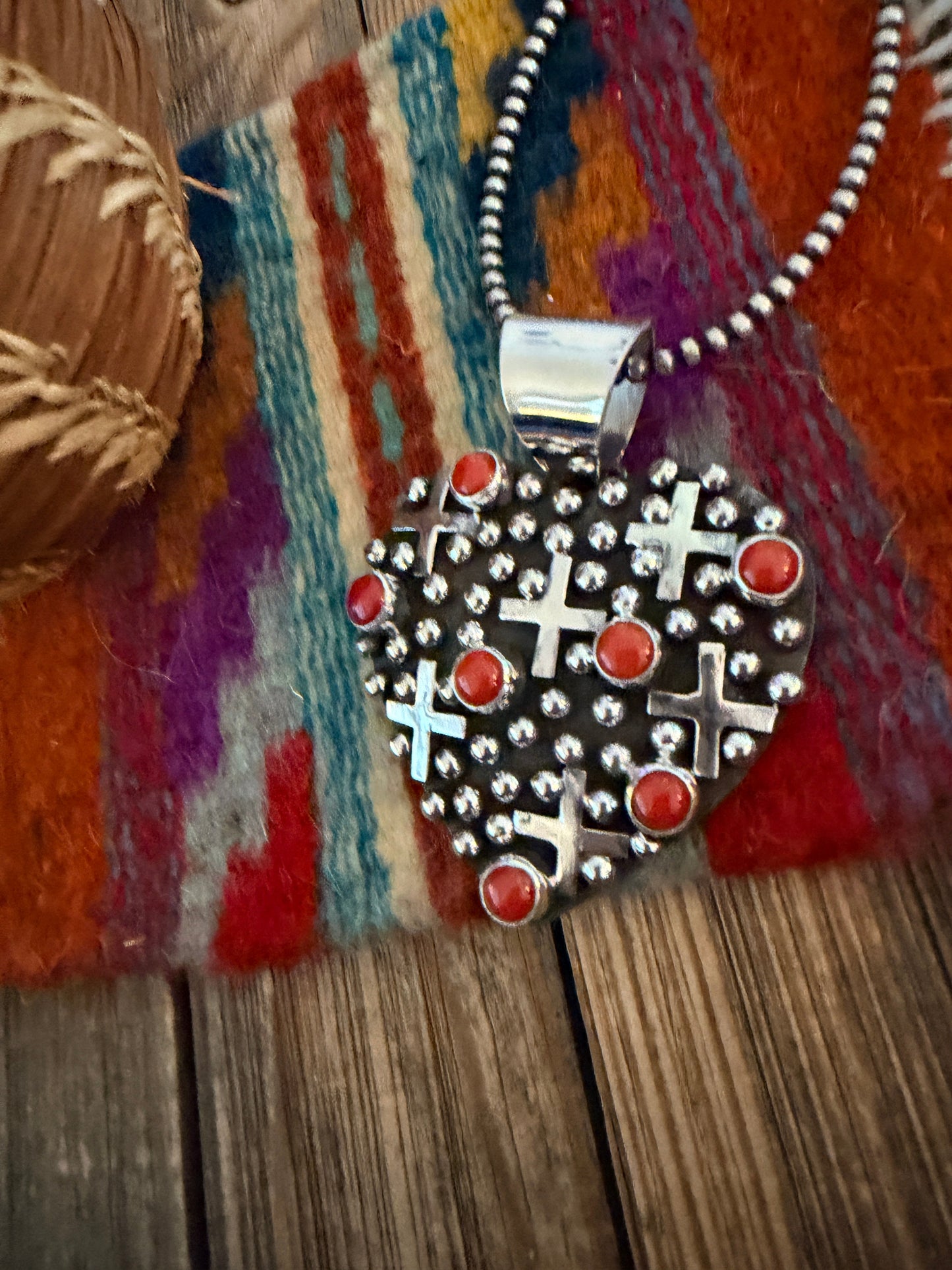 Handcrafted Coral & Sterling Silver Heart Cross Pendant by Geneva Apachito