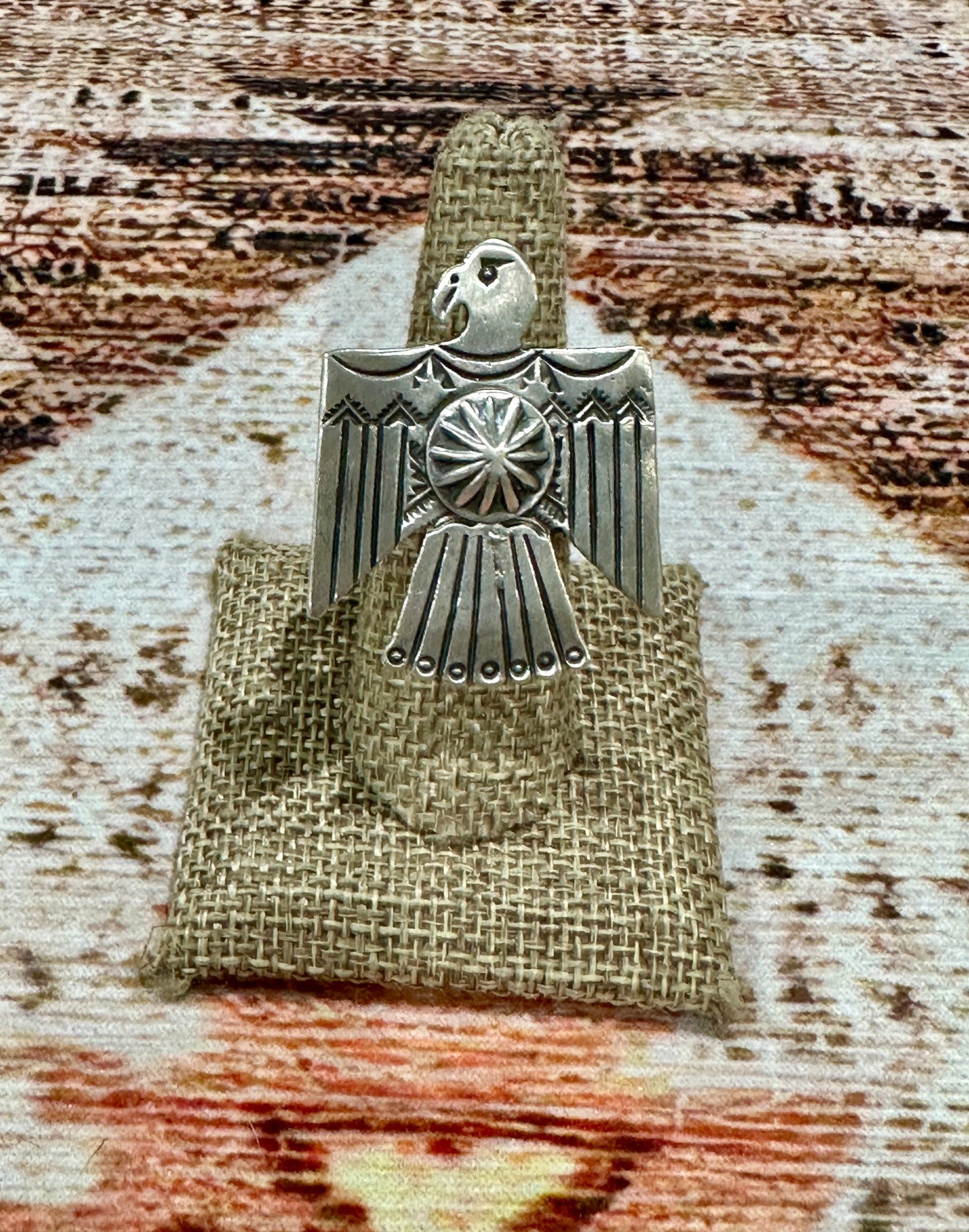 Handcrafted Hand Stamped Sterling Silver Thunderbird Adjustable Ring by Leroy James