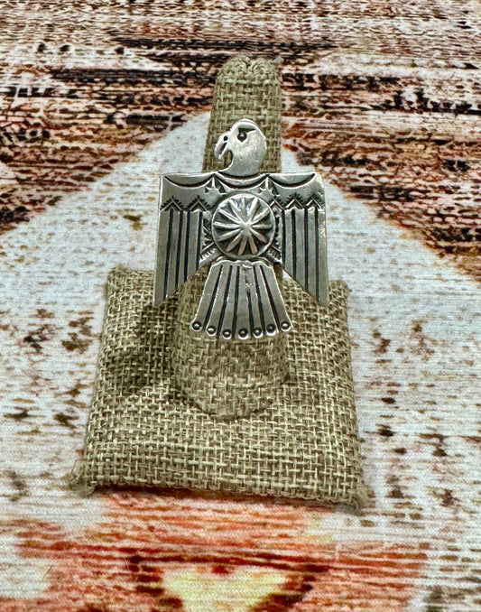 Handcrafted Hand Stamped Sterling Silver Thunderbird Adjustable Ring by Leroy James