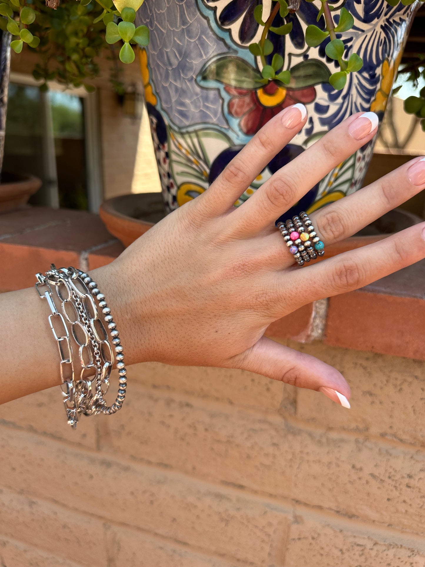 THE VENICE BAND Handmade Sterling Silver  Pearl Style Beaded Stretch Ring