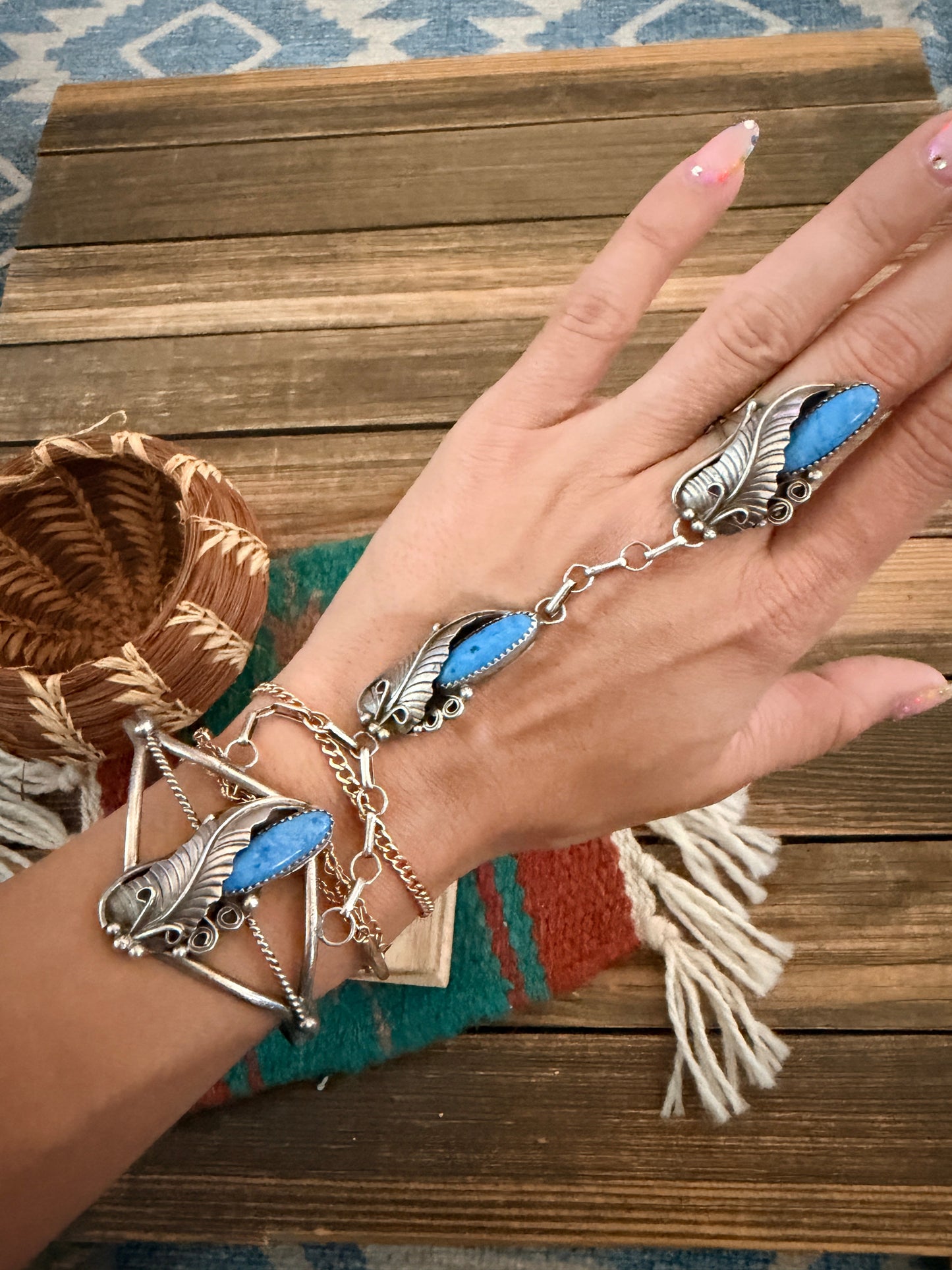 Handcrafted Old Pawn Lapis & Sterling Silver Cuff Bracelet with Hand Chain