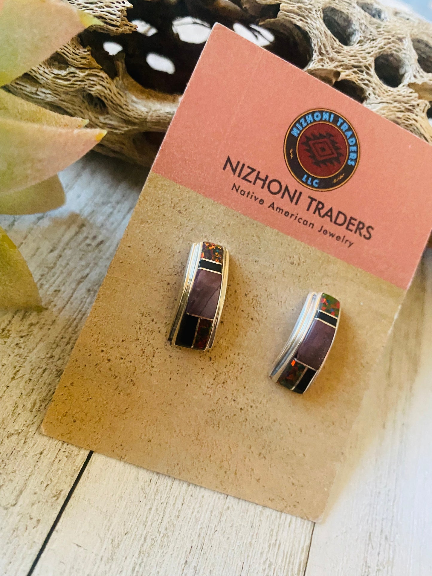 Handcrafted Multi Stone & Sterling Silver Inlay Dangle Earrings Signed
