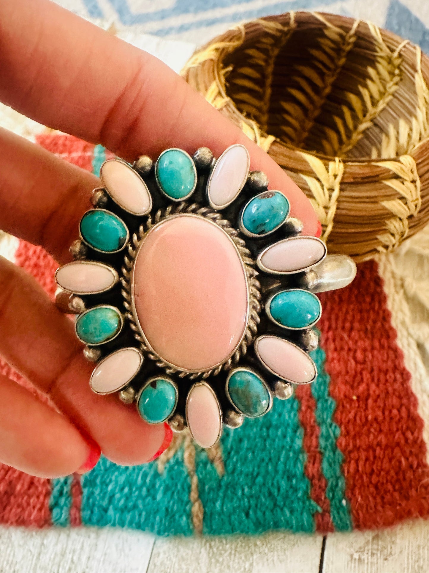 Navajo Queen Pink Conch, Turquoise & Sterling Silver Cluster Cuff Bracelet