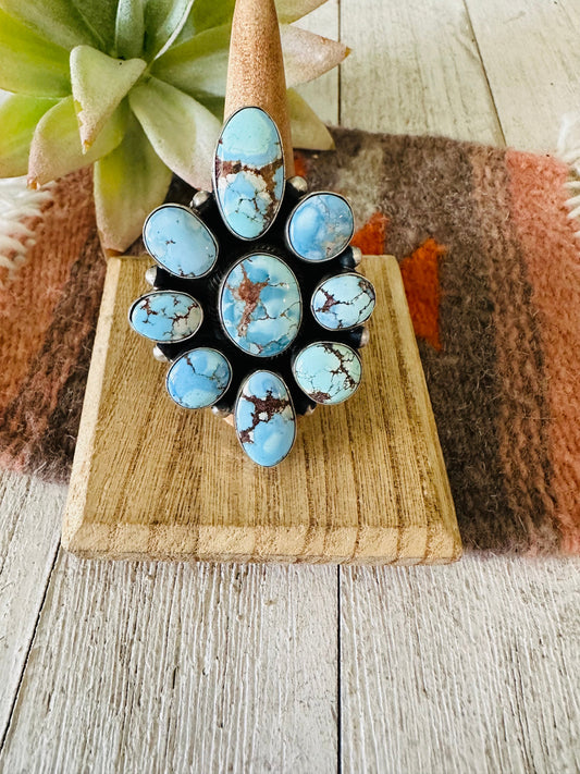 Handcrafted Golden Hills Turquoise & Sterling Silver Cluster Ring Size 9