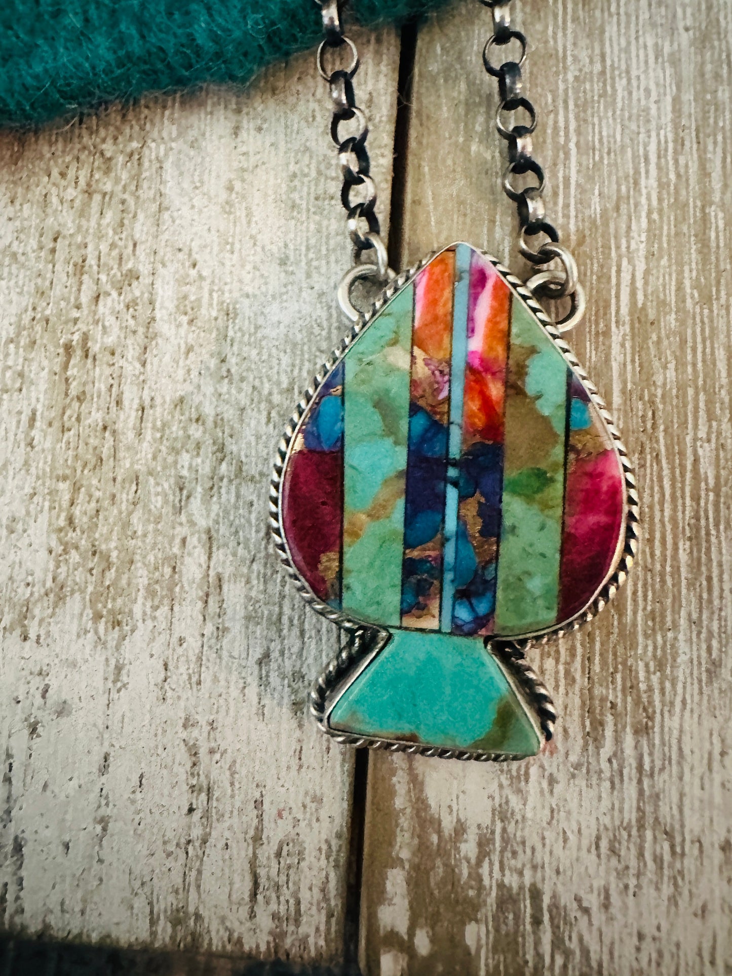 Handcrafted Sterling Silver & Multi Stone Inlay Spade Necklace