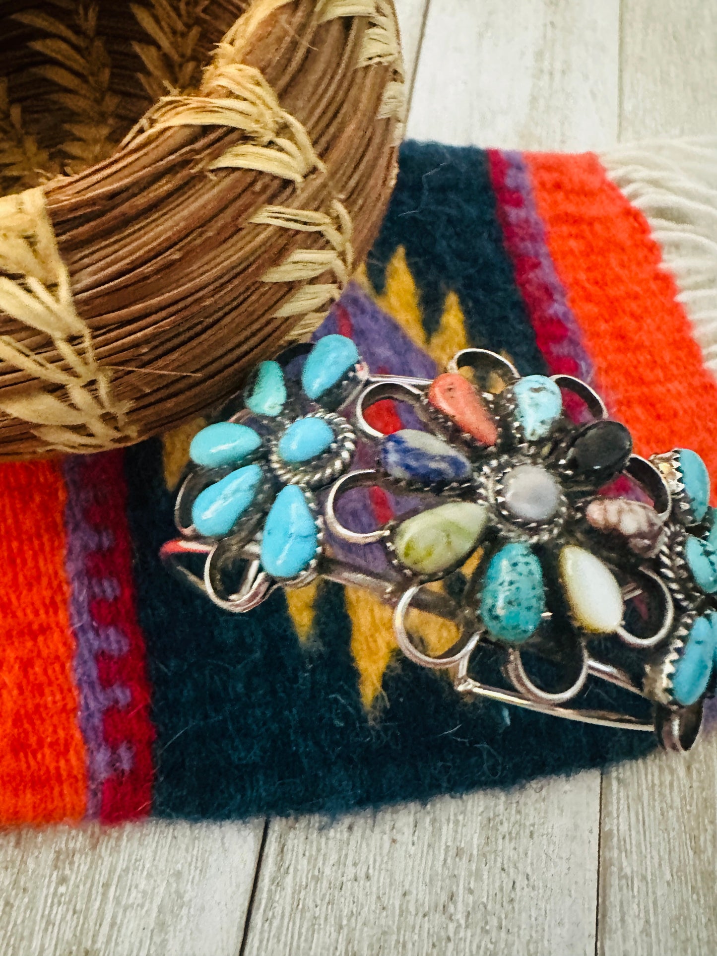 Handcrafted Multi Stone & Sterling Silver Flower Cuff Bracelet