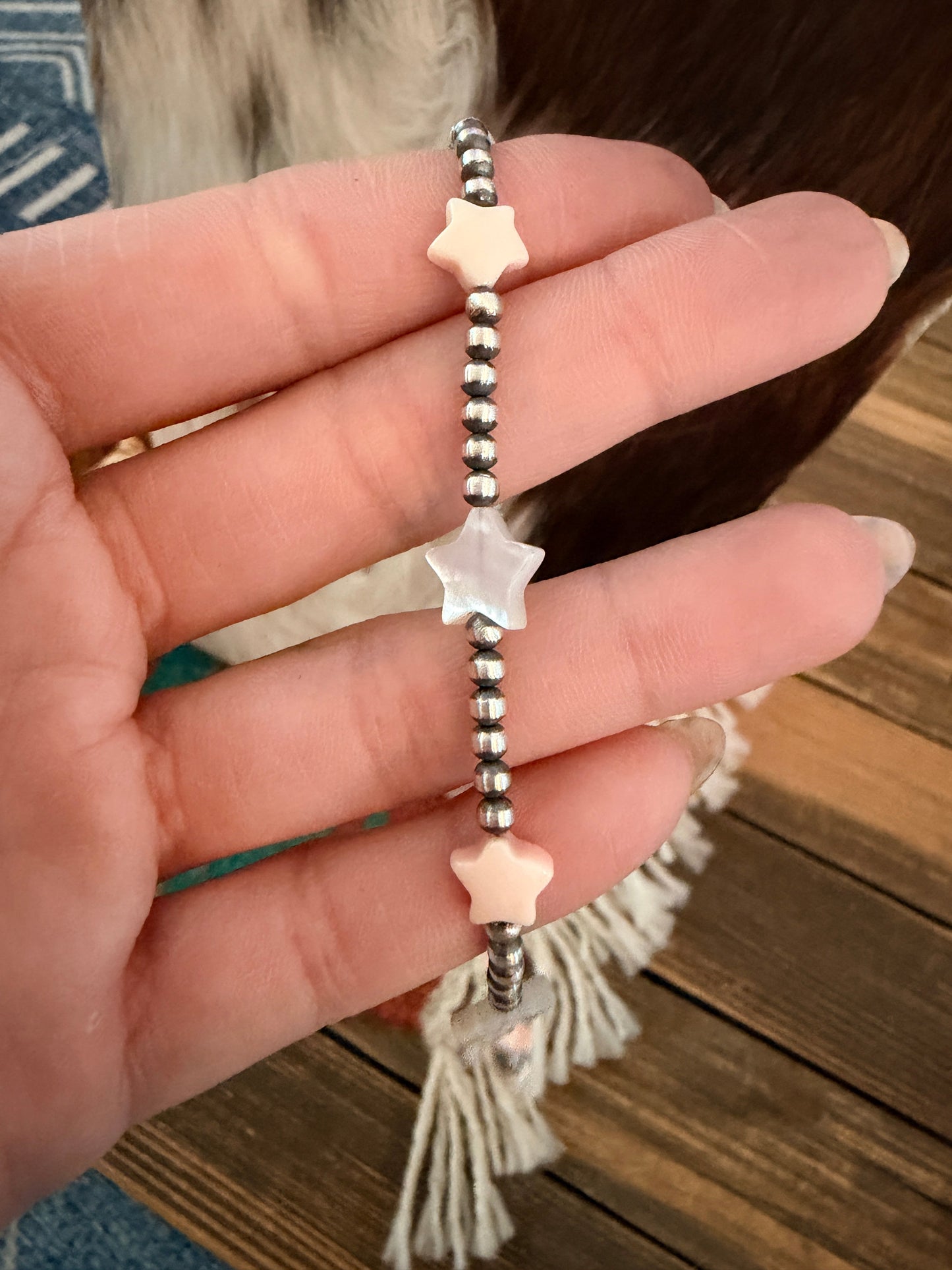Handcrafted Mother of Pearl Star and Sterling Silver Pearl Beaded Necklace