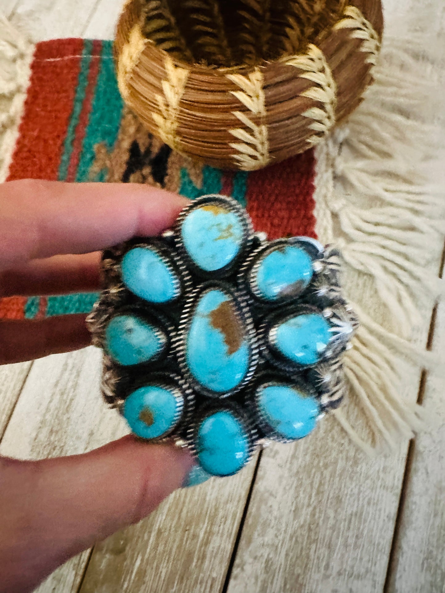 Kingman Turquoise & Sterling Silver Cluster Cuff Bracelet /
