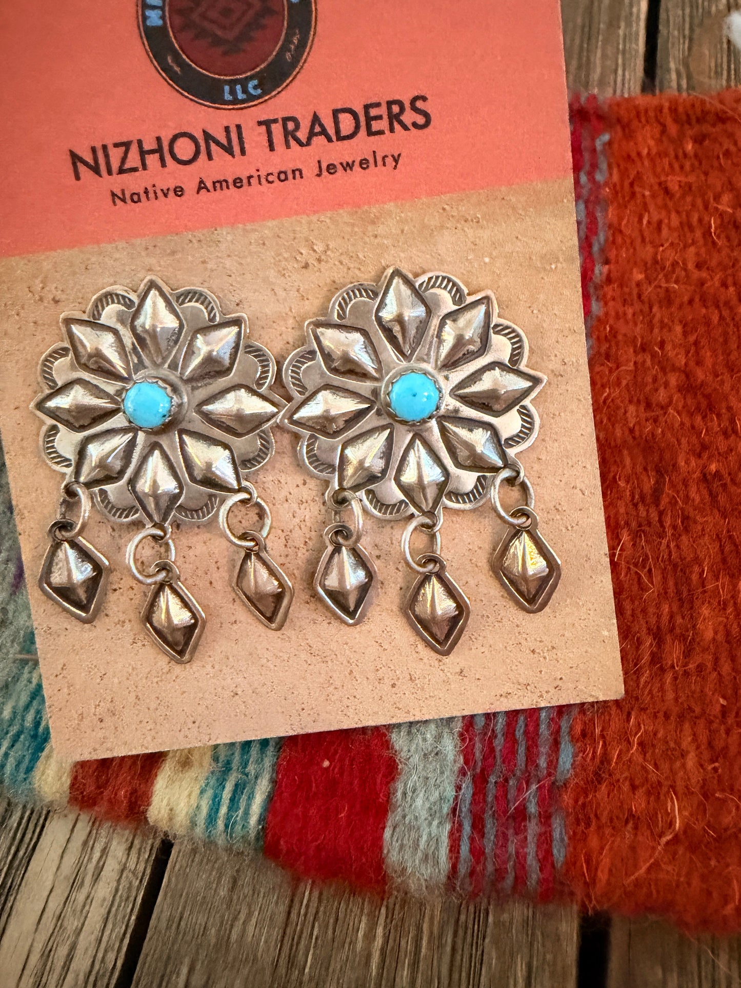 Handcrafted Old Pawn Turquoise and Sterling Silver Concho Dangle Earrings