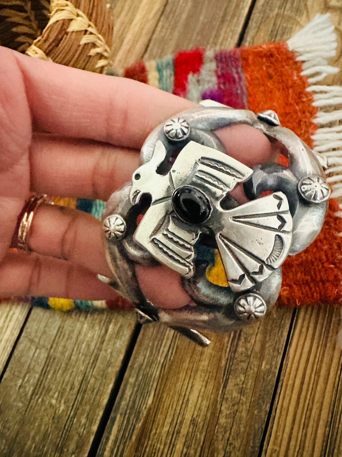 Handcrafted Sterling Silver & Onyx Oyster Thunderbird Cuff Bracelet by Chimney Butte